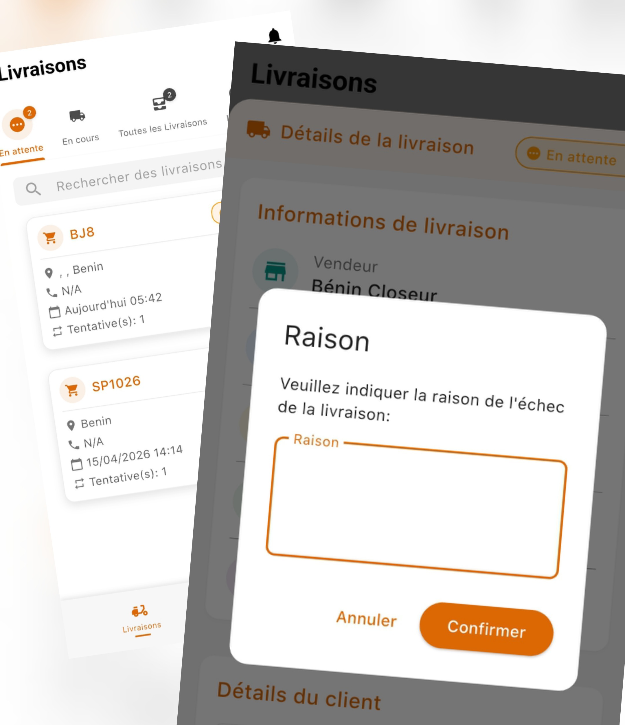Interface de suivi de livraison avec motifs d'échec